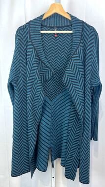 RONI RABL L Open Front Chevron Cardigan Tunic Sweater Merino Wool Blend Blue